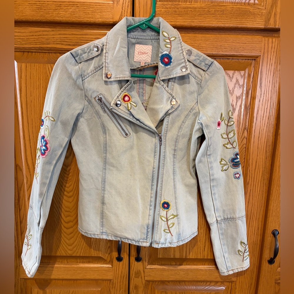 Embroidered Candie’s Light Blue Denim Moto Jacket - Women